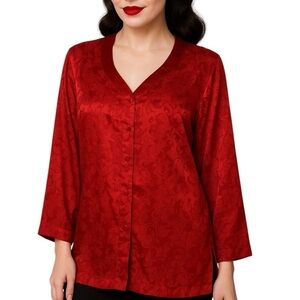 Gold Label Victoria’s Secret 90s Red Floral Embossed Button Down Tunic Night Top